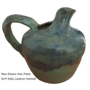 KLH Kelly Landrum Hammell Artist Dark Green w/ Blue Hand Thrown Painted Pitcher